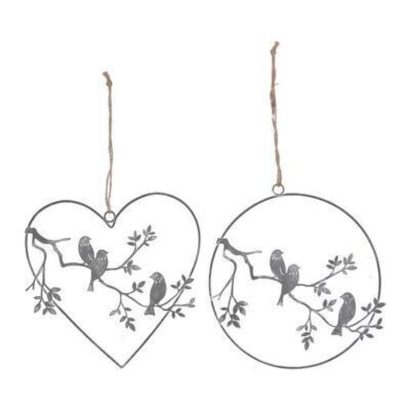 Metal hanging decoration in grey with birds on a branch detail. Available In heart and ring shape. The perfect addition to your home for Easter and Spring. By Gisela Graham.
